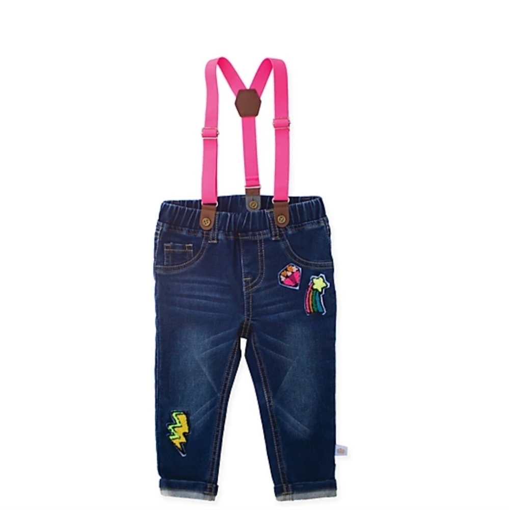 Rosie Pope® Applique Denim Terry Pant with Pink Suspenders